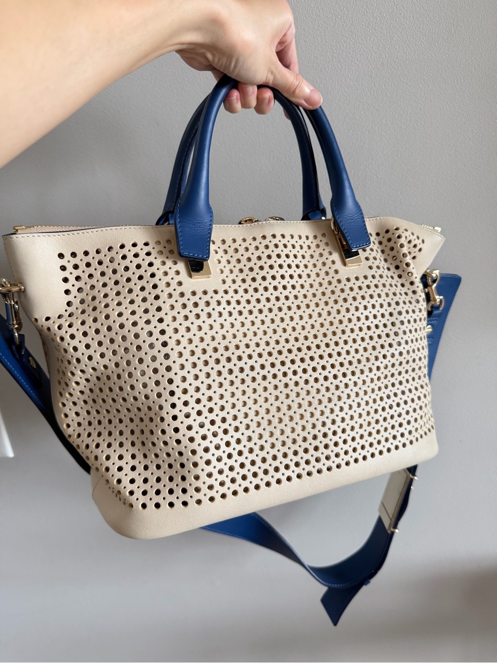 Cream and Blue Perforated Top-Handle Satchel